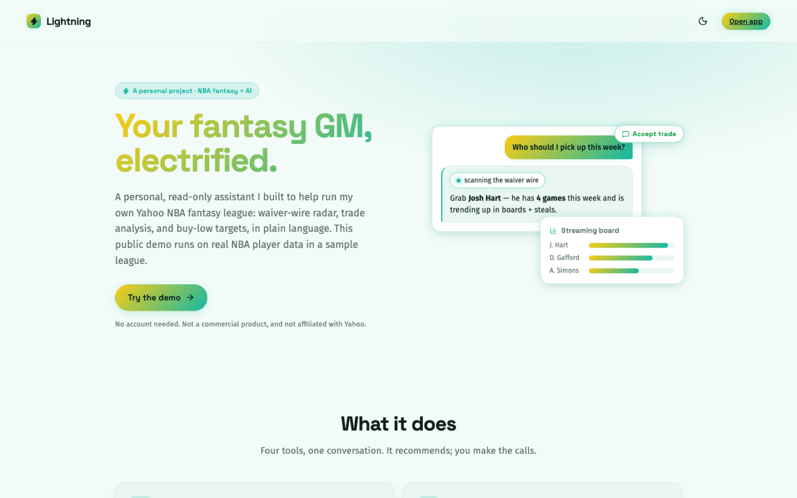 Lightning - Fantasy GM Agent landing page